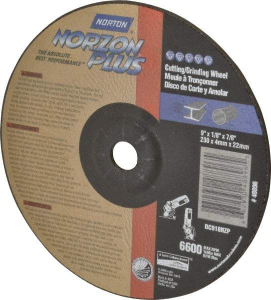 Norton - 9" Wheel Diam, 1/8" Wheel Thickness, 7/8" Arbor Hole, Type 27 Depressed Center Wheel - Ceramic, 6,600 Max RPM, Compatible with Angle Grinder - Industrial Tool & Supply