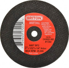 Value Collection - 3" 60 Grit Aluminum Oxide Cutoff Wheel - 1/32" Thick, 1/4" Arbor, 25,000 Max RPM, Use with Die Grinders - Industrial Tool & Supply