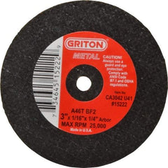 Value Collection - 3" 46 Grit Aluminum Oxide Cutoff Wheel - 1/16" Thick, 1/4" Arbor, 25,000 Max RPM, Use with Die Grinders - Industrial Tool & Supply