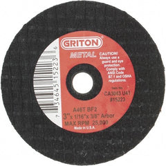 Value Collection - 3" 46 Grit Aluminum Oxide Cutoff Wheel - 1/16" Thick, 3/8" Arbor, 25,000 Max RPM, Use with Die Grinders - Industrial Tool & Supply