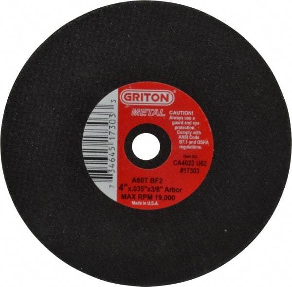 Value Collection - 4" 60 Grit Aluminum Oxide Cutoff Wheel - 0.035" Thick, 3/8" Arbor, 19,000 Max RPM, Use with Die Grinders - Industrial Tool & Supply