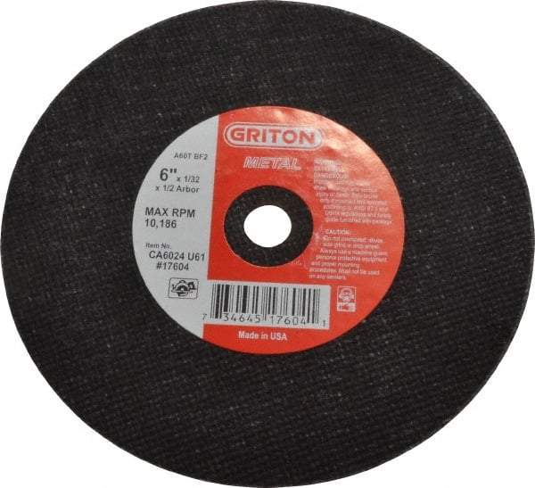 Made in USA - 6" 60 Grit Aluminum Oxide Cutoff Wheel - 1/32" Thick, 1/2" Arbor, 10,186 Max RPM, Use with Circular Saws - Industrial Tool & Supply