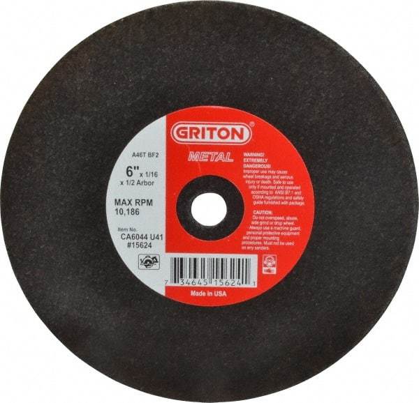 Made in USA - 6" 46 Grit Aluminum Oxide Cutoff Wheel - 1/16" Thick, 1/2" Arbor, 10,186 Max RPM, Use with Circular Saws - Industrial Tool & Supply