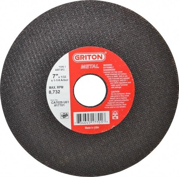 Value Collection - 7" 60 Grit Aluminum Oxide Cutoff Wheel - 1/32" Thick, 1-1/4" Arbor, 8,732 Max RPM, Use with Stationary Tools - Industrial Tool & Supply
