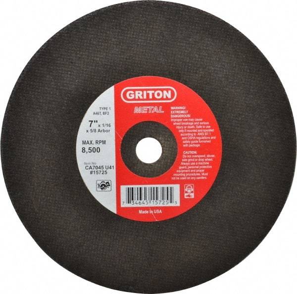 Made in USA - 7" 46 Grit Aluminum Oxide Cutoff Wheel - 1/16" Thick, 5/8" Arbor, 8,732 Max RPM, Use with Circular Saws - Industrial Tool & Supply