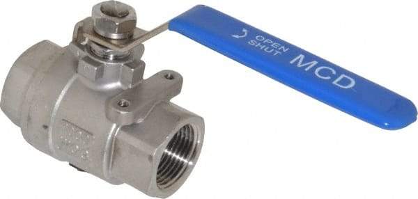 Midwest Control - 1" Pipe, Stainless Steel Standard Ball Valve - 2 Piece, Inline - One Way Flow, FNPT x FNPT Ends, Lever Handle, 1,000 WOG, 150 WSP - Industrial Tool & Supply