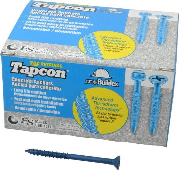 Made in USA - 1/4" Diam, 3-1/4" OAL, Phillips Drive, Concrete Screw & Masonry Fastener - Steel, Blue Climaseal Finish, Includes Drill Bit - Industrial Tool & Supply