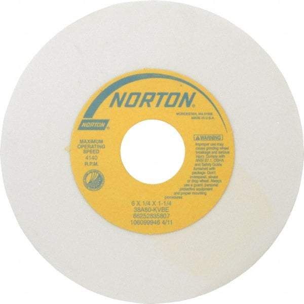 Norton - 6" Diam x 1-1/4" Hole x 1/4" Thick, K Hardness, 80 Grit Surface Grinding Wheel - Aluminum Oxide, Type 1, Medium Grade, 4,140 Max RPM, Vitrified Bond, No Recess - Industrial Tool & Supply
