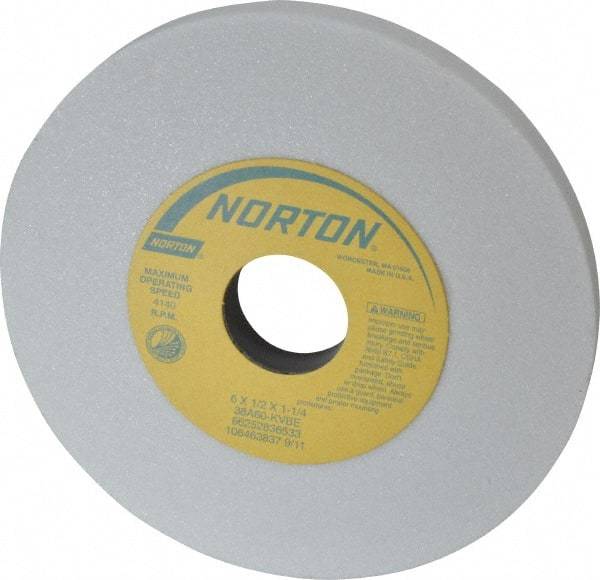 Norton - 6" Diam x 1-1/4" Hole x 1/2" Thick, K Hardness, 60 Grit Surface Grinding Wheel - Aluminum Oxide, Type 1, Medium Grade, 4,140 Max RPM, Vitrified Bond, No Recess - Industrial Tool & Supply