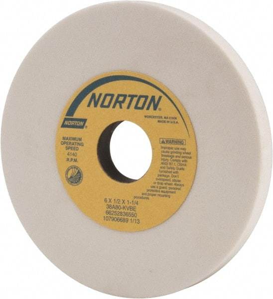 Norton - 6" Diam x 1-1/4" Hole x 1/2" Thick, K Hardness, 80 Grit Surface Grinding Wheel - Aluminum Oxide, Type 1, Medium Grade, 4,140 Max RPM, Vitrified Bond, No Recess - Industrial Tool & Supply