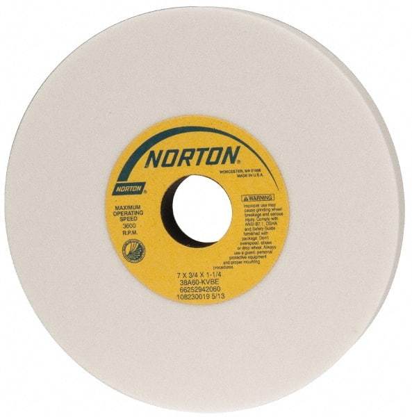 Norton - 7" Diam x 1-1/4" Hole x 3/4" Thick, K Hardness, 60 Grit Surface Grinding Wheel - Aluminum Oxide, Type 1, Medium Grade, 3,600 Max RPM, Vitrified Bond, No Recess - Industrial Tool & Supply
