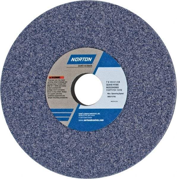 Norton - 7" Diam x 1-1/4" Hole x 1/2" Thick, H Hardness, 46 Grit Surface Grinding Wheel - Aluminum Oxide, Type 1, Coarse Grade, 3,600 Max RPM, Vitrified Bond, No Recess - Industrial Tool & Supply