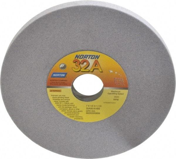 Norton - 7" Diam x 1-1/4" Hole x 1/2" Thick, K Hardness, 80 Grit Surface Grinding Wheel - Aluminum Oxide, Type 1, Medium Grade, 3,600 Max RPM, Vitrified Bond, No Recess - Industrial Tool & Supply
