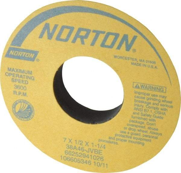 Norton - 7" Diam x 1-1/4" Hole x 1/2" Thick, J Hardness, 46 Grit Surface Grinding Wheel - Aluminum Oxide, Type 1, Coarse Grade, 3,600 Max RPM, Vitrified Bond, No Recess - Industrial Tool & Supply