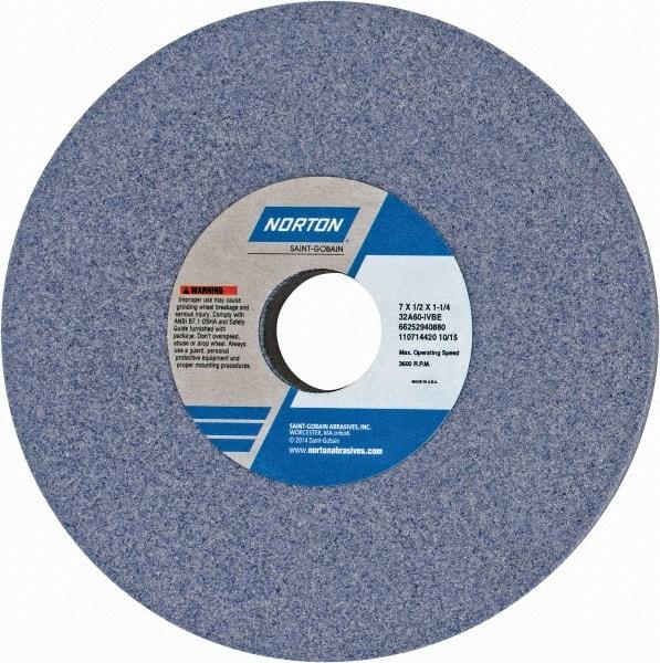 Norton - 7" Diam x 1-1/4" Hole x 1/2" Thick, I Hardness, 60 Grit Surface Grinding Wheel - Aluminum Oxide, Type 1, Medium Grade, 3,600 Max RPM, Vitrified Bond, No Recess - Industrial Tool & Supply