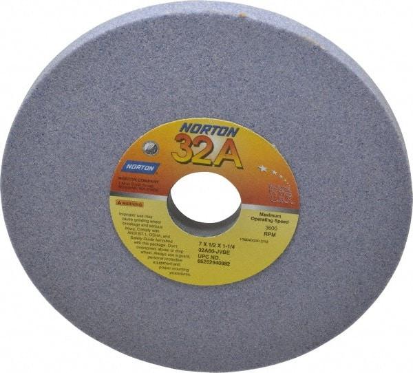 Norton - 7" Diam x 1-1/4" Hole x 1/2" Thick, J Hardness, 60 Grit Surface Grinding Wheel - Aluminum Oxide, Type 1, Medium Grade, 3,600 Max RPM, Vitrified Bond, No Recess - Industrial Tool & Supply