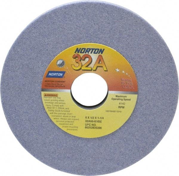 Norton - 6" Diam x 1-1/4" Hole x 1/2" Thick, K Hardness, 60 Grit Surface Grinding Wheel - Aluminum Oxide, Type 1, Medium Grade, 4,140 Max RPM, Vitrified Bond, No Recess - Industrial Tool & Supply