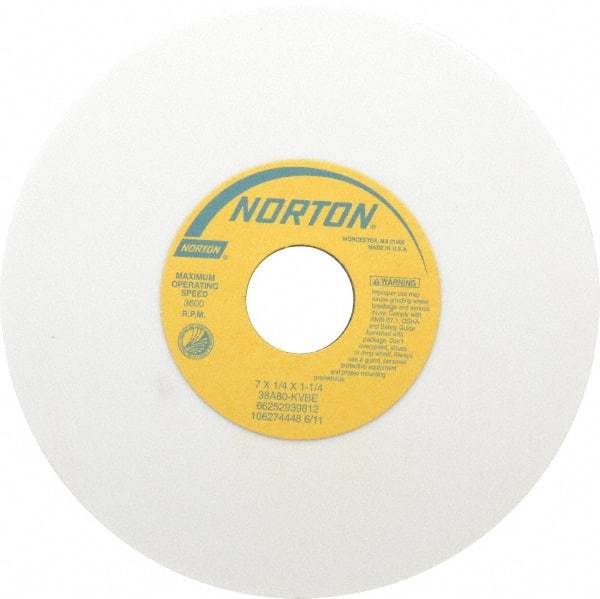 Norton - 7" Diam x 1-1/4" Hole x 1/4" Thick, K Hardness, 80 Grit Surface Grinding Wheel - Aluminum Oxide, Type 1, Medium Grade, 3,600 Max RPM, Vitrified Bond, No Recess - Industrial Tool & Supply