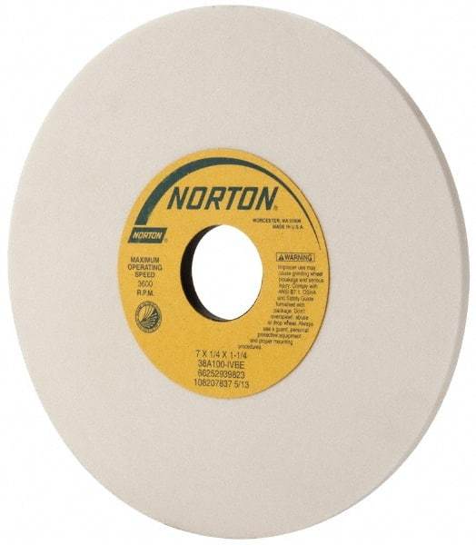 Norton - 7" Diam x 1-1/4" Hole x 1/4" Thick, I Hardness, 100 Grit Surface Grinding Wheel - Aluminum Oxide, Type 1, Fine Grade, 3,600 Max RPM, Vitrified Bond, No Recess - Industrial Tool & Supply