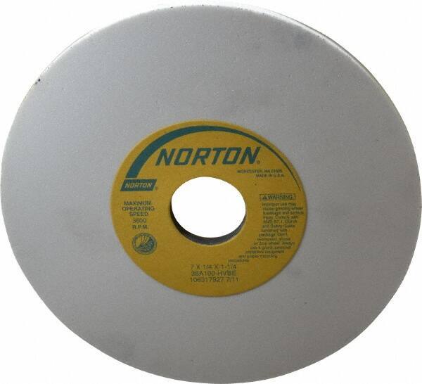 Norton - 7" Diam x 1-1/4" Hole x 1/4" Thick, H Hardness, 100 Grit Surface Grinding Wheel - Aluminum Oxide, Type 1, Fine Grade, 3,600 Max RPM, Vitrified Bond, No Recess - Industrial Tool & Supply