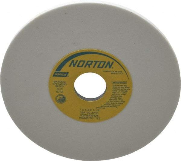 Norton - 7" Diam x 1-1/4" Hole x 1/4" Thick, J Hardness, 100 Grit Surface Grinding Wheel - Aluminum Oxide, Type 1, Fine Grade, 3,600 Max RPM, Vitrified Bond, No Recess - Industrial Tool & Supply