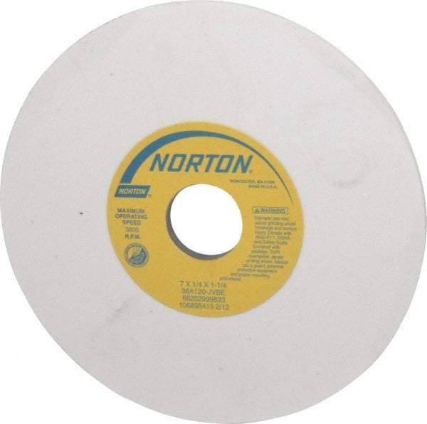 Norton - 7" Diam x 1-1/4" Hole x 1/4" Thick, J Hardness, 120 Grit Surface Grinding Wheel - Aluminum Oxide, Type 1, Fine Grade, 3,600 Max RPM, Vitrified Bond, No Recess - Industrial Tool & Supply