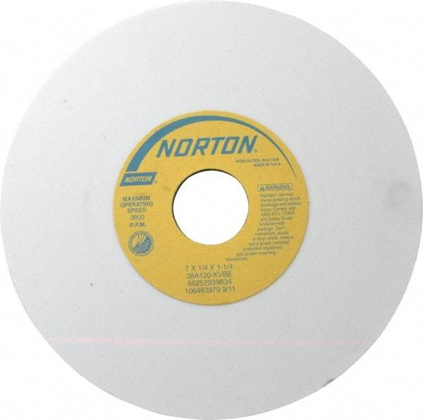 Norton - 7" Diam x 1-1/4" Hole x 1/4" Thick, K Hardness, 120 Grit Surface Grinding Wheel - Aluminum Oxide, Type 1, Fine Grade, 3,600 Max RPM, Vitrified Bond, No Recess - Industrial Tool & Supply
