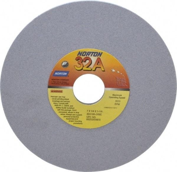 Norton - 7" Diam x 1-1/4" Hole x 1/4" Thick, J Hardness, 100 Grit Surface Grinding Wheel - Aluminum Oxide, Type 1, Fine Grade, 3,600 Max RPM, Vitrified Bond, No Recess - Industrial Tool & Supply