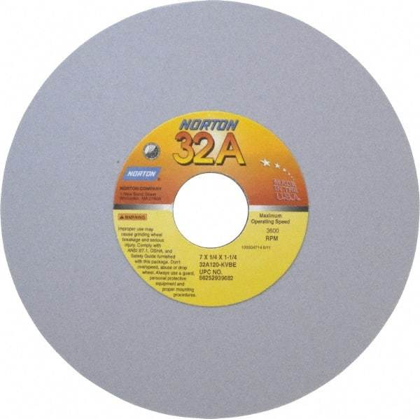 Norton - 7" Diam x 1-1/4" Hole x 1/4" Thick, K Hardness, 120 Grit Surface Grinding Wheel - Aluminum Oxide, Type 1, Fine Grade, 3,600 Max RPM, Vitrified Bond, No Recess - Industrial Tool & Supply