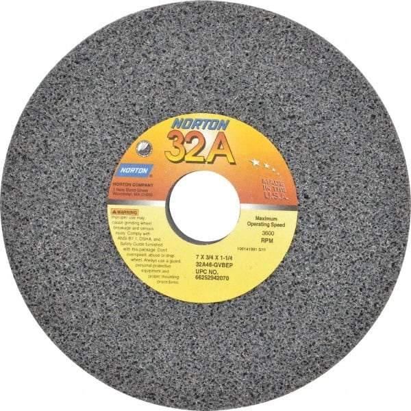 Norton - 7" Diam x 1-1/4" Hole x 3/4" Thick, G Hardness, 46 Grit Surface Grinding Wheel - Aluminum Oxide, Type 1, Coarse Grade, 3,600 Max RPM, Vitrified Bond, No Recess - Industrial Tool & Supply