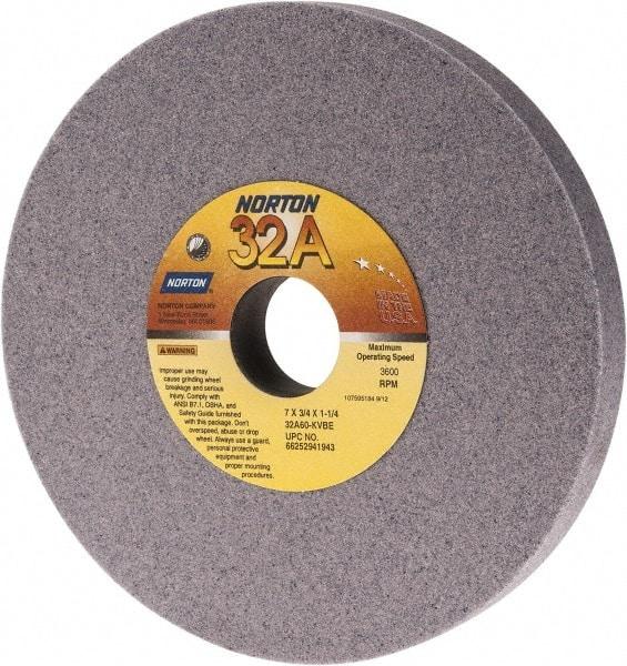 Norton - 7" Diam x 1-1/4" Hole x 3/4" Thick, K Hardness, 60 Grit Surface Grinding Wheel - Aluminum Oxide, Type 1, Medium Grade, 3,600 Max RPM, Vitrified Bond, No Recess - Industrial Tool & Supply