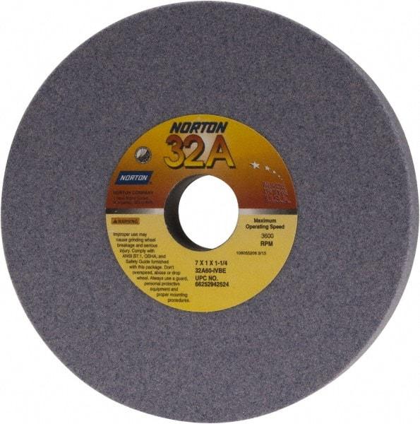 Norton - 7" Diam x 1-1/4" Hole x 1" Thick, I Hardness, 60 Grit Surface Grinding Wheel - Aluminum Oxide, Type 1, Medium Grade, 3,600 Max RPM, Vitrified Bond, No Recess - Industrial Tool & Supply