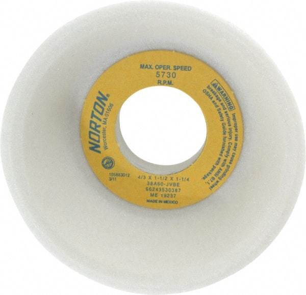 Norton - 4" Diam, 1-1/4" Hole Size, 1-1/2" Overall Thickness, 60 Grit, Type 11 Tool & Cutter Grinding Wheel - Medium Grade, Aluminum Oxide, J Hardness, Vitrified Bond, 5,730 RPM - Industrial Tool & Supply