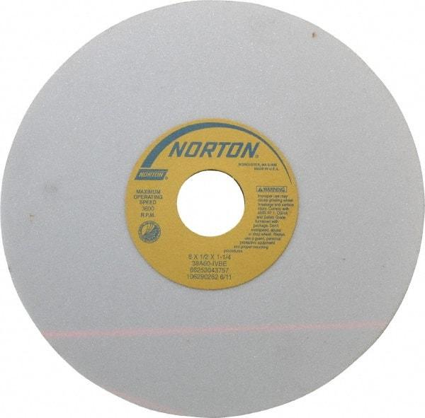 Norton - 8" Diam x 1-1/4" Hole x 1/2" Thick, I Hardness, 60 Grit Surface Grinding Wheel - Aluminum Oxide, Type 1, Medium Grade, 3,600 Max RPM, Vitrified Bond, No Recess - Industrial Tool & Supply