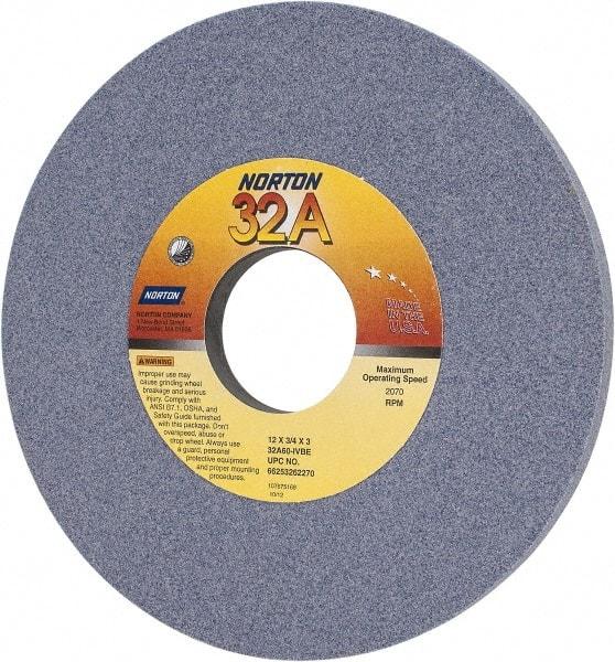 Norton - 12" Diam x 3" Hole x 3/4" Thick, I Hardness, 60 Grit Surface Grinding Wheel - Aluminum Oxide, Type 1, Medium Grade, 2,070 Max RPM, Vitrified Bond, No Recess - Industrial Tool & Supply