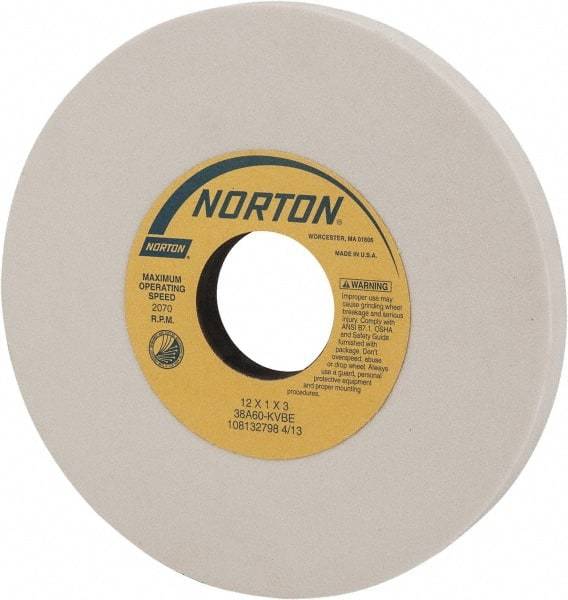 Norton - 12" Diam x 3" Hole x 1" Thick, K Hardness, 60 Grit Surface Grinding Wheel - Aluminum Oxide, Type 1, Medium Grade, 2,070 Max RPM, Vitrified Bond, No Recess - Industrial Tool & Supply