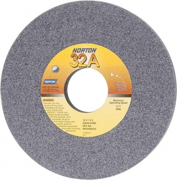 Norton - 12" Diam x 3" Hole x 1" Thick, K Hardness, 46 Grit Surface Grinding Wheel - Aluminum Oxide, Type 1, Coarse Grade, 2,070 Max RPM, Vitrified Bond, No Recess - Industrial Tool & Supply