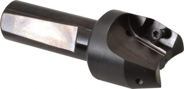 Kyocera - 15° Lead Angle, 1.3" Max Cut Diam, 1" Min Cut Diam, 0.613" Max Depth of Cut, Indexable Chamfer and Angle End Mill - 2 Inserts, APET 1604 Insert Style, 3-1/4" Overall Length, Straight Shank, 30° Included Angle - Industrial Tool & Supply