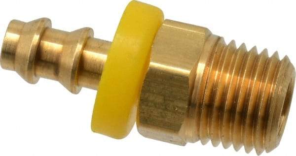 Eaton - 1/4" ID 1/4-18 NPT Barbed Push On Male Connector - 7/8" Cut Off Allowance, 1.52" Long, 9/16" Hex, Brass - Industrial Tool & Supply