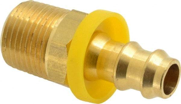 Eaton - 3/8" ID 3/8-18 NPT Barbed Push On Male Connector - 7/8" Cut Off Allowance, 1.65" Long, 11/16" Hex, Brass - Industrial Tool & Supply