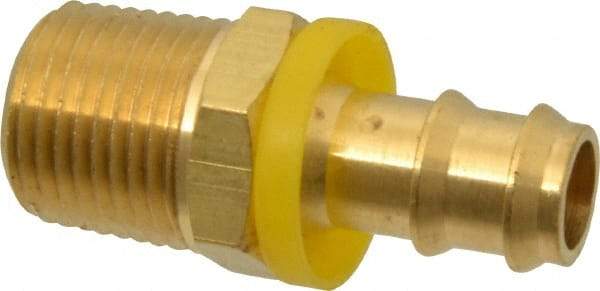 Eaton - 1/2" ID 1/2-14 NPT Barbed Push On Male Connector - 1-3/16" Cut Off Allowance, 2.1" Long, 7/8" Hex, Brass - Industrial Tool & Supply