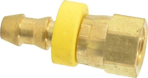 Eaton - 1/4" ID 7/16-20 UNF Barbed Push On Female JIC 37/SAE 45 Swivel Connector - 3/4" Cut Off Allowance, 1.38" Long, 9/16" Hex, Brass - Industrial Tool & Supply