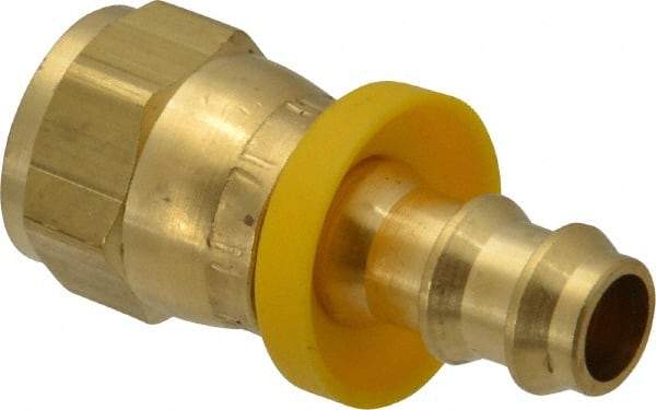 Eaton - 3/8" ID 5/8-18 UNF Barbed Push On Female SAE 45 Swivel Connector - 7/8" Cut Off Allowance, 1.62" Long, 3/4" Hex, Brass - Industrial Tool & Supply