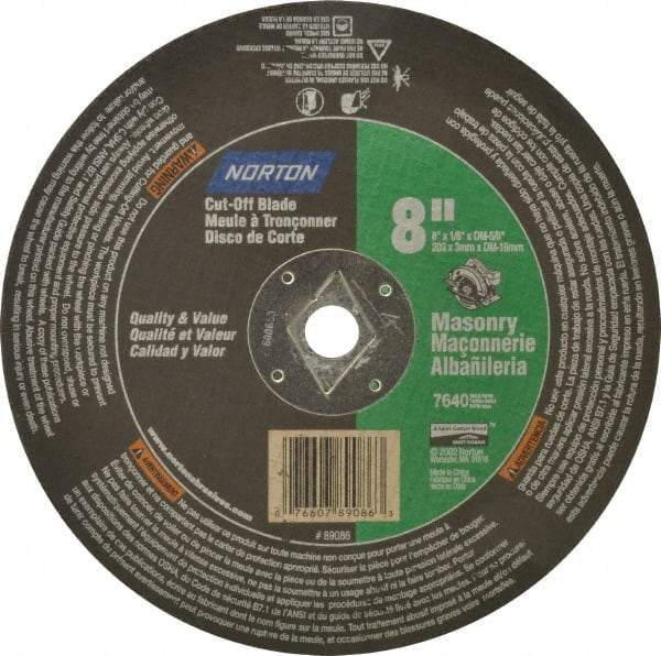 Norton - 8" 24 Grit Silicon Carbide Cutoff Wheel - 1/8" Thick, 5/8" Arbor, 7,640 Max RPM, Use with Circular Saws - Industrial Tool & Supply