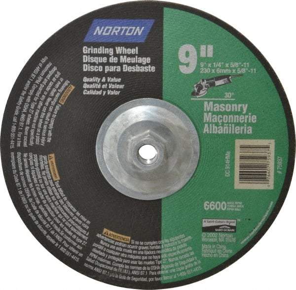 Norton - 24 Grit, 9" Wheel Diam, 1/4" Wheel Thickness, Type 27 Depressed Center Wheel - Silicon Carbide, 6,600 Max RPM, Compatible with Angle Grinder - Industrial Tool & Supply