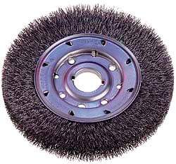 Osborn - 8" OD, 1-1/4" Arbor Hole, Crimped Steel Wheel Brush - 5/8" Face Width, 1-1/2" Trim Length, 0.008" Filament Diam, 4,500 RPM - Industrial Tool & Supply