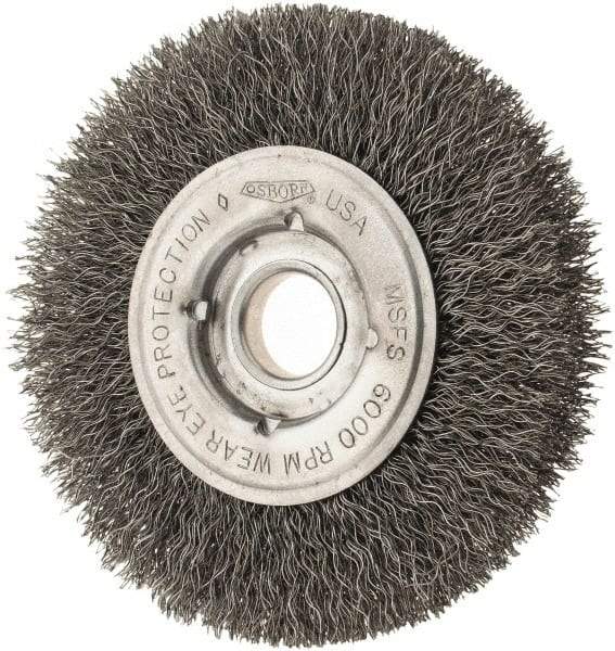 Osborn - 4" OD, 1/2 & 5/8" Arbor Hole, Crimped Steel Wheel Brush - 5/8" Face Width, 13/16" Trim Length, 0.0104" Filament Diam, 6,000 RPM - Industrial Tool & Supply