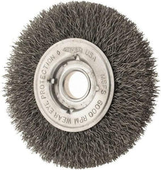 Osborn - 4" OD, 1/2 & 5/8" Arbor Hole, Crimped Steel Wheel Brush - 5/8" Face Width, 13/16" Trim Length, 0.0104" Filament Diam, 6,000 RPM - Industrial Tool & Supply