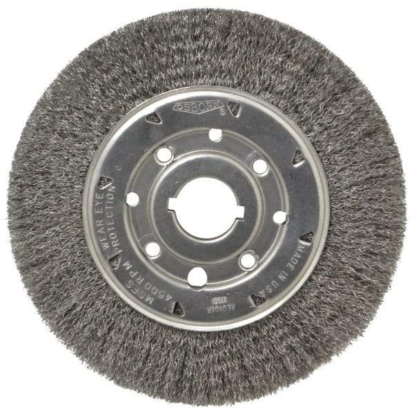 Osborn - 8" OD, 1-1/4" Arbor Hole, Crimped Steel Wheel Brush - 5/8" Face Width, 1-1/2" Trim Length, 0.0104" Filament Diam, 4,500 RPM - Industrial Tool & Supply