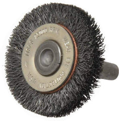 Osborn - 1-1/2" OD, 1/4" Shank Diam, Crimped Steel Wheel Brush - 3/8" Face Width, 9/32" Trim Length, 0.008" Filament Diam, 25,000 RPM - Industrial Tool & Supply